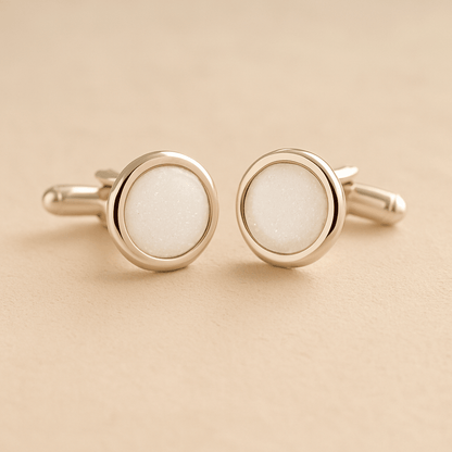 Silver Round Ashes Cufflinks with white resin with ashes or fur on a beige background