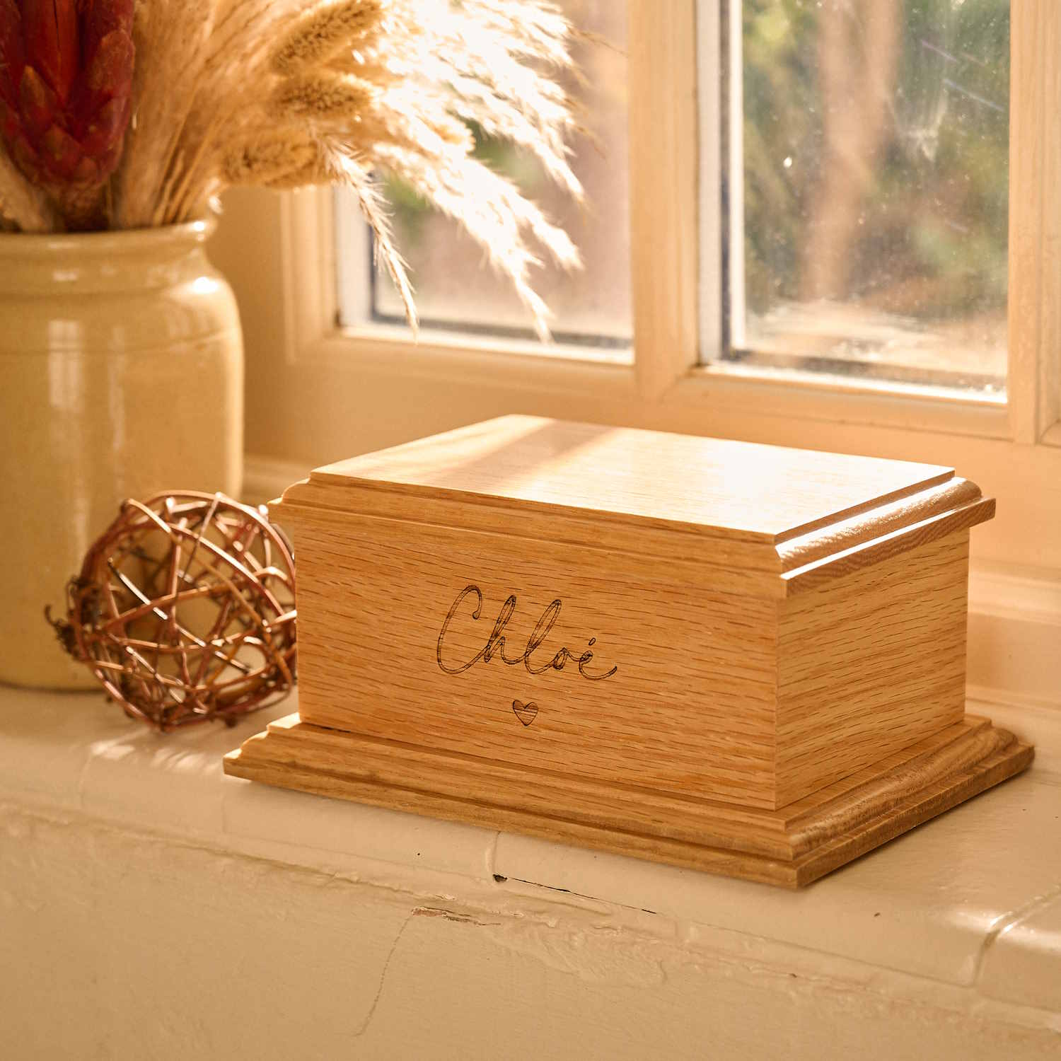 Custom engraved oak wood pet urn – memorial keepsake for dog or cat ashes