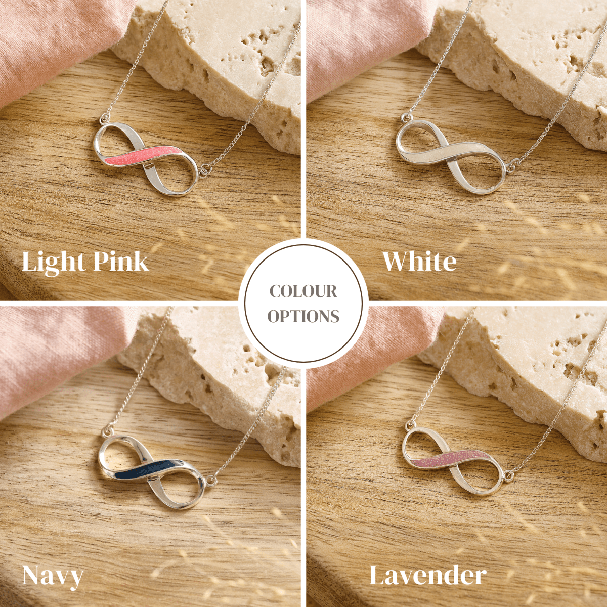 Collage of infinity ashes necklace with color options on a wooden surface