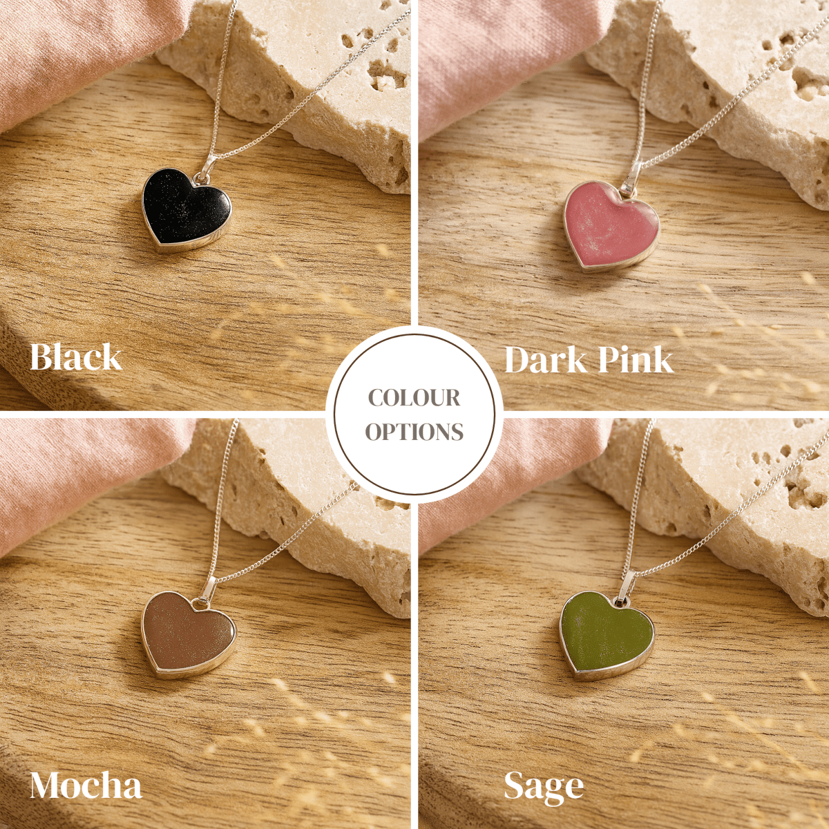 Heart-shaped ashes necklace in black, dark pink, mocha, and sage colors on a wooden surface.