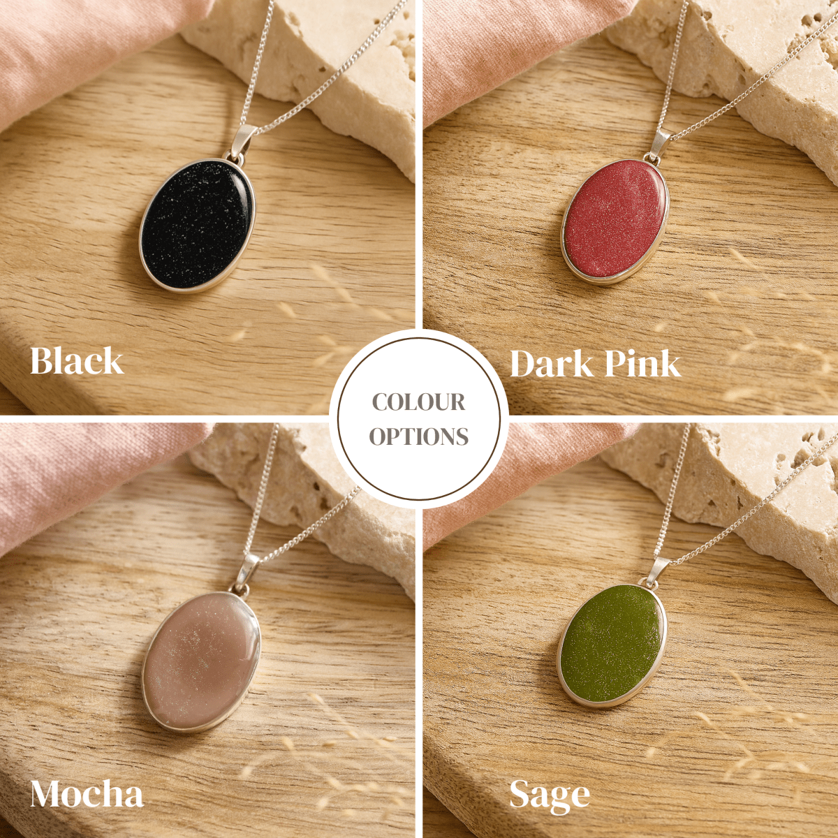 Four oval memorial necklaces in black, dark pink, mocha, and sage colors on a wooden surface.