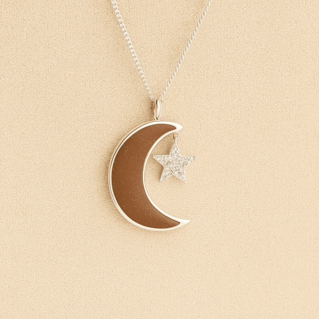 Moon and Star Memorial Necklace with mocha resin filled with ashes or fur on a beige textured background