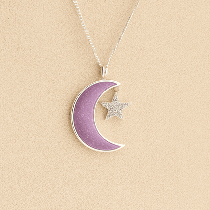 Moon and Star Memorial Necklace with lavender resin filled with ashes or fur on a beige textured background