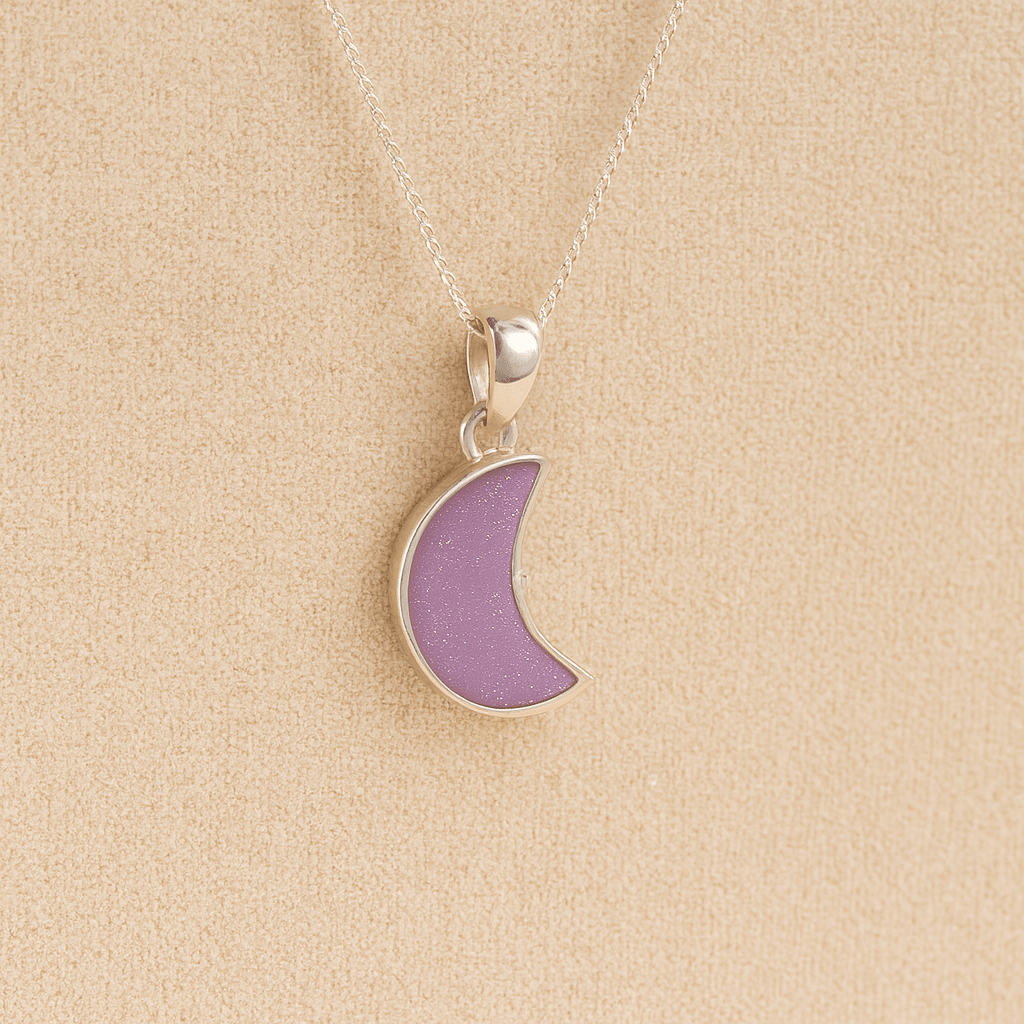 Silver Moon memorial Necklace with lavender resin, filled with ashes or fur, displayed on a soft beige background – suitable for pet or human memorials.