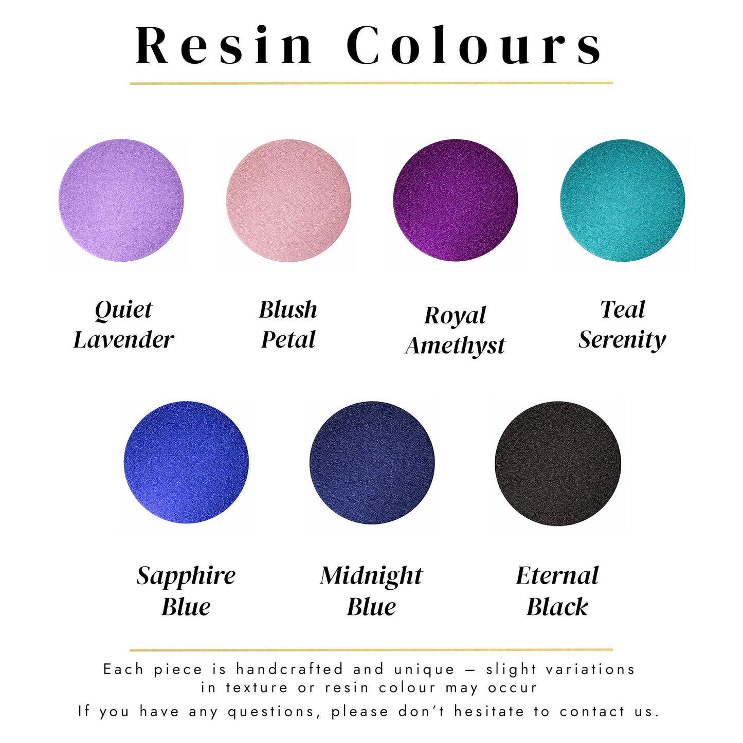 Examples of resin colours for cremation jewellery including lavender, light pink, amethyst, teal, sapphire, navy and black