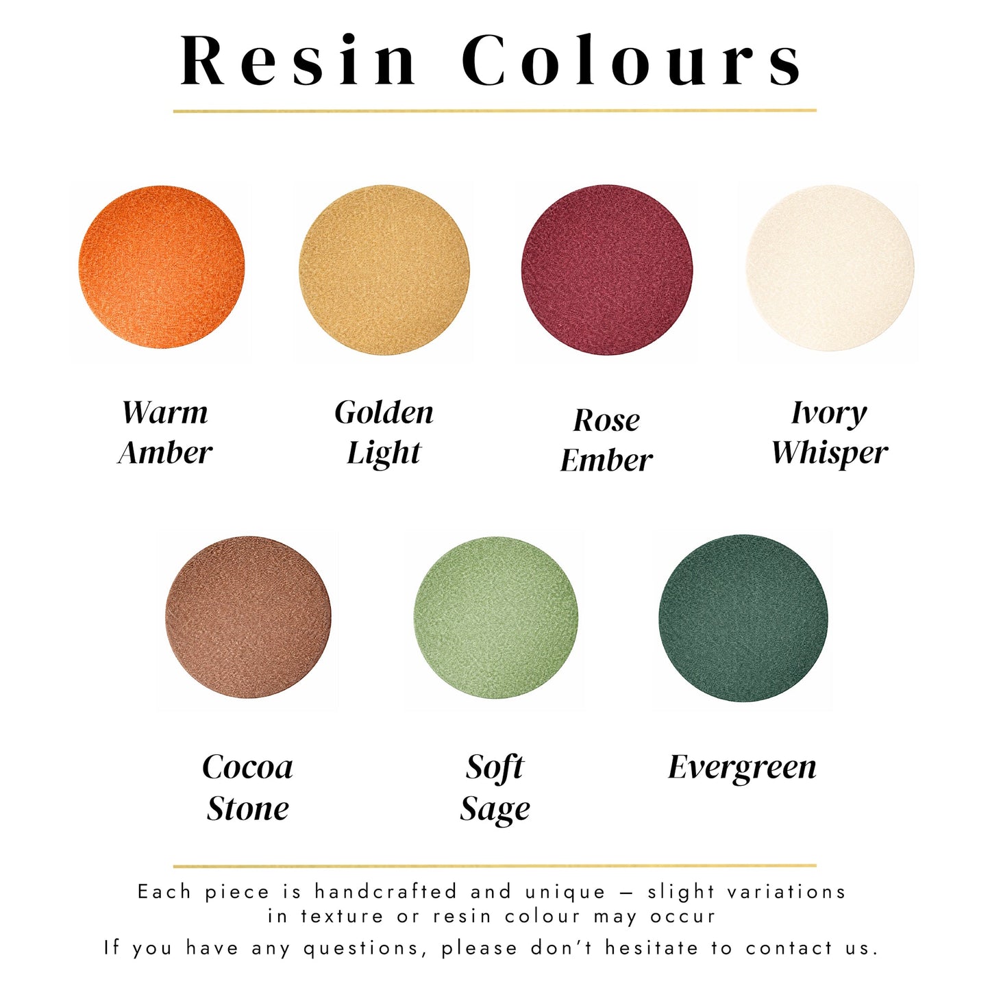 Examples of resin colours for cremation jewellery including amber, yellow, burgundy, white, mocha, sage and dark green