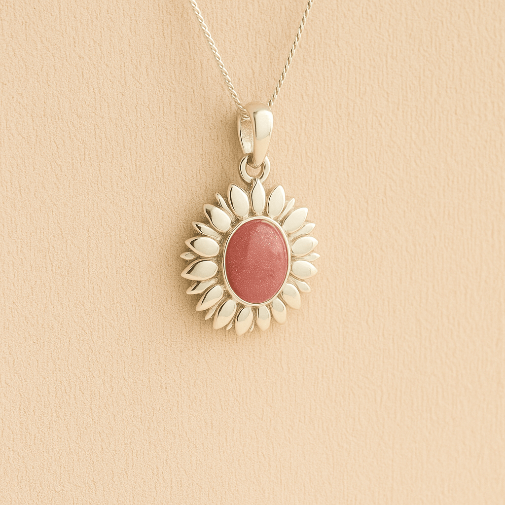Silver Sunflower Memorial Necklace with a dark pink resin containing ashes or fur set on a beige textured background