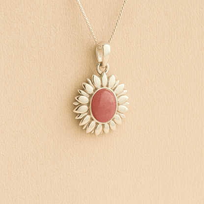 Silver Sunflower Memorial Necklace with a dark pink resin containing ashes or fur set on a beige textured background