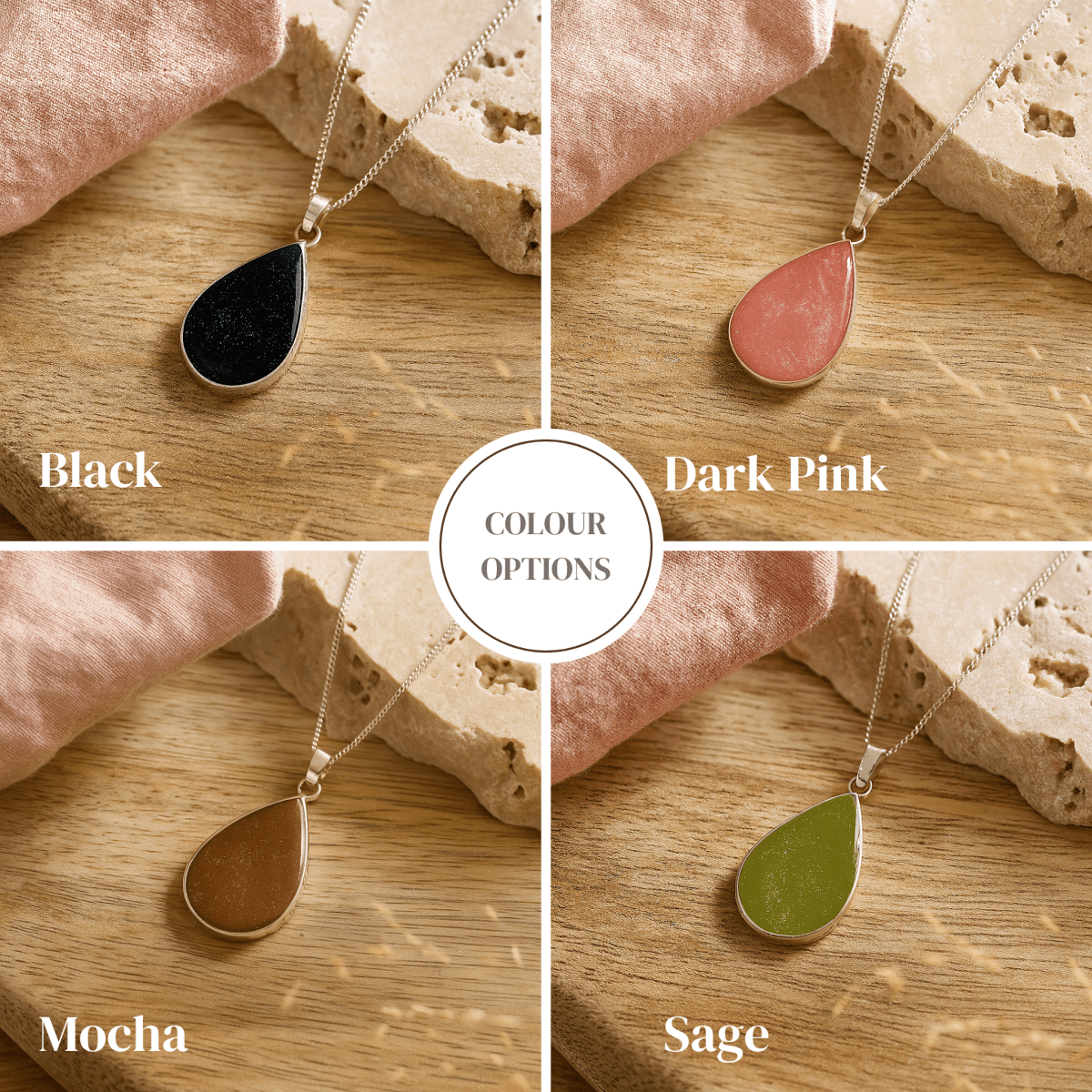 Four teardrop ashes necklaces in black, dark pink, mocha, and sage colors on a wooden surface.
