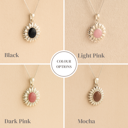 A collage of silver Sunflower Memorial Necklace with black, light pink, dark pink and mocha resin infill