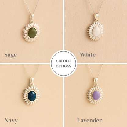 A collage of silver Sunflower Memorial Necklace with sage, white, navy and lavender resin infill