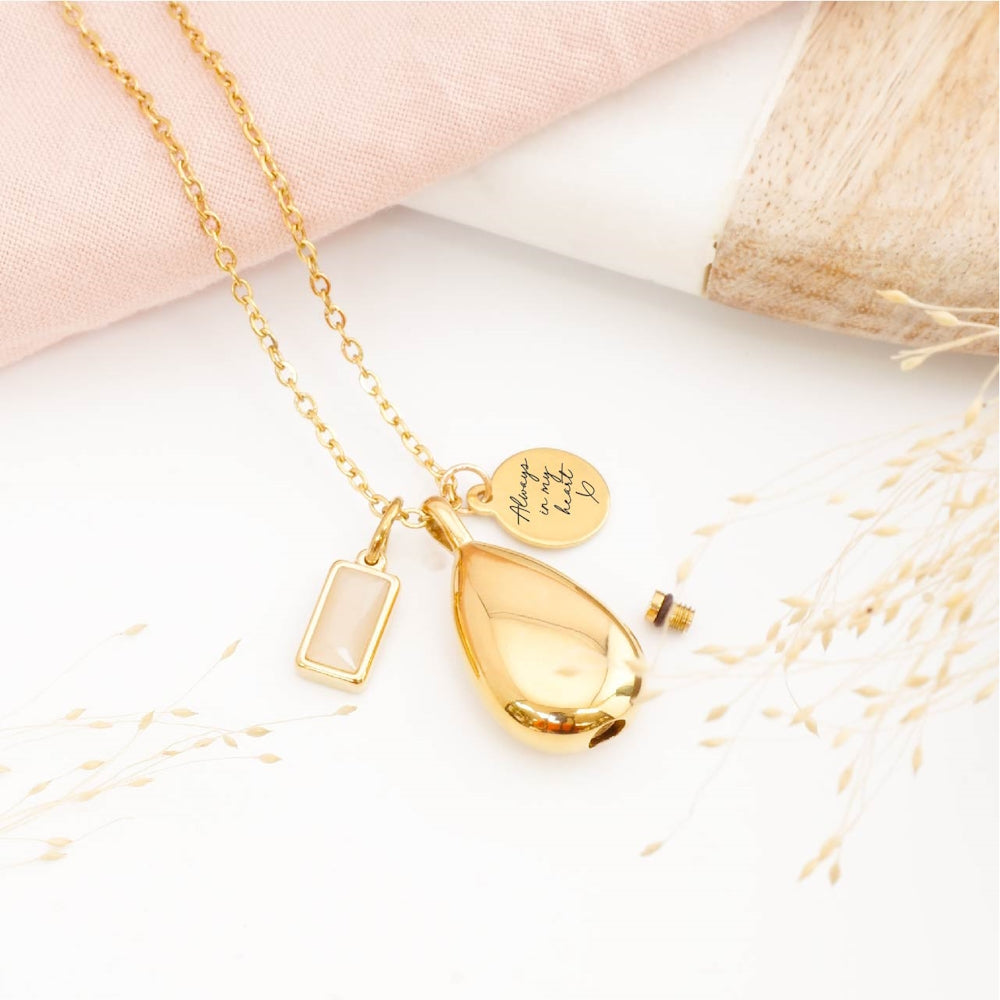 Engraved teardrop ashes necklace with personalised tag – thoughtful bereavement jewellery for loss of a loved one