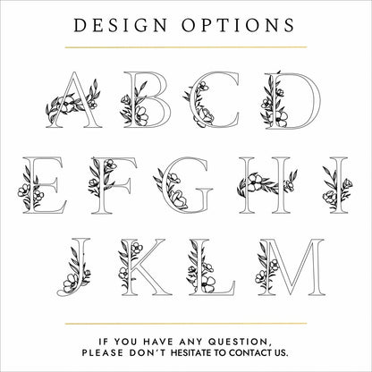 Black text and silhouettes of letters on a white background. The text reads: "design options - if you have any questions please don't hesitate to contact us". The silhouettes show letters of the alphabet A-M. The letters are all capitalised and all have a floral design woven around the letter. 
