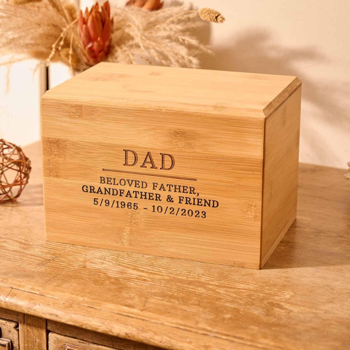 Custom engraved bamboo wood cremation urn – handcrafted solid wood memorial urn for ashes