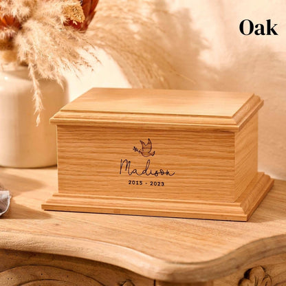 Handcrafted oak wood child urn with custom engraving – wooden ashes keepsake
