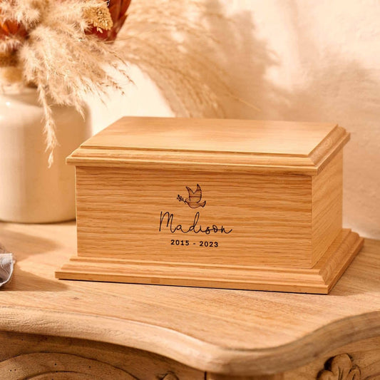 Personalised oak wood children's cremation urn – handcrafted wooden memorial for child ashes