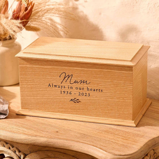 Personalised ash wood cremation urn with floral engraving for women – custom engraved urn for ashes
