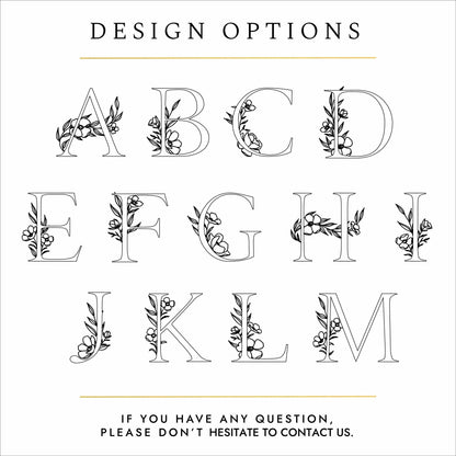 Black text and silhouettes of letters on a white background. The text reads: "design options - if you have any questions please don't hesitate to contact us". The silhouettes show letters of the alphabet A-M. The letters are all capitalised and all have a floral design woven around the letter. 