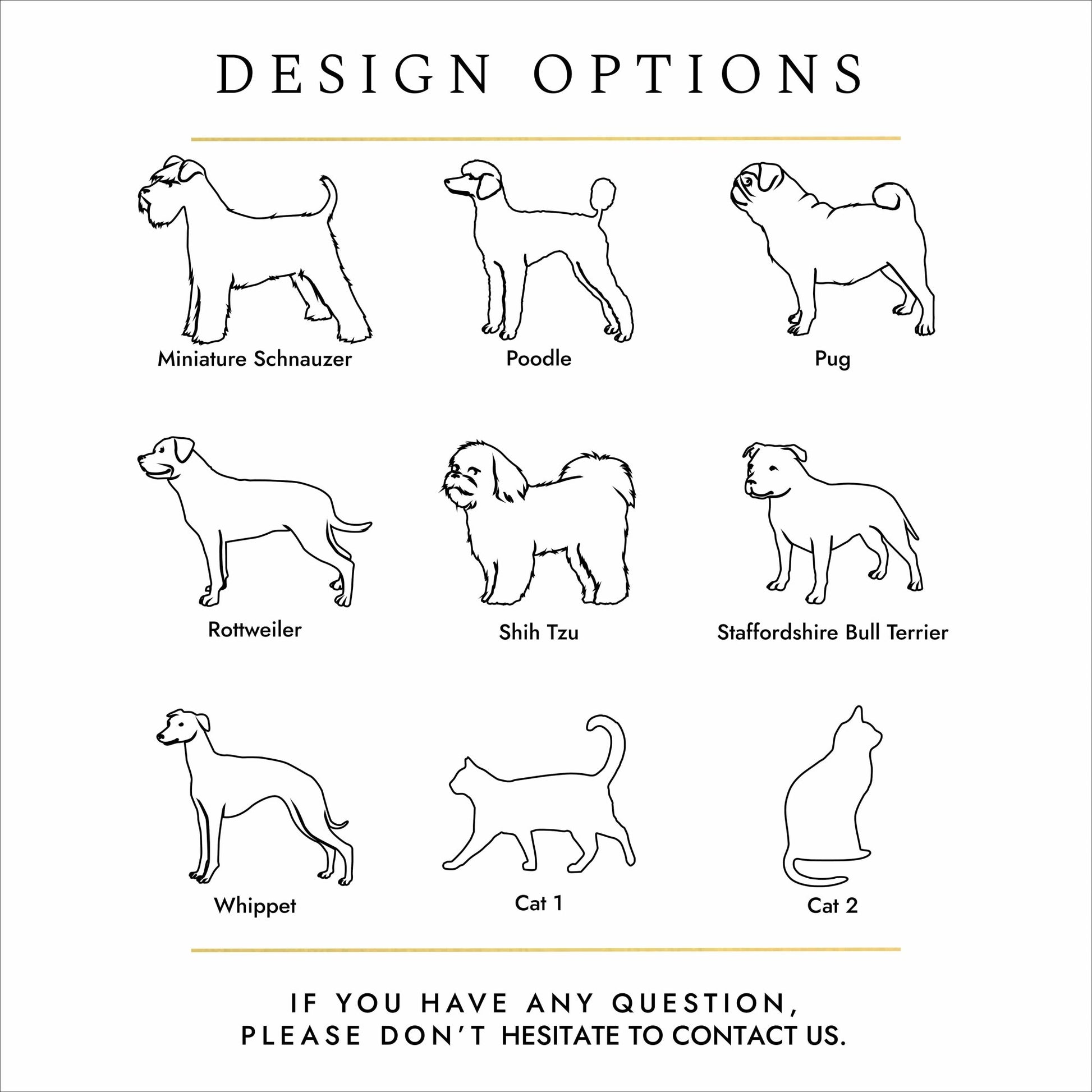 Black text and silhouettes of dogs and cats on a white background. These are design options for personalised pet cremation urns. 