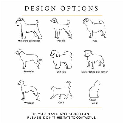Black text and silhouettes of dogs and cats on a white background. These are design options for personalised pet cremation urns. 
