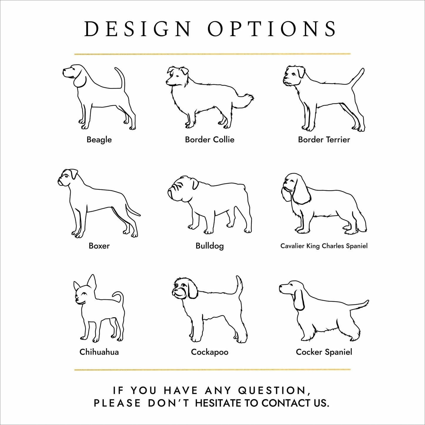 Black text and silhouettes of dog breeds on a white background. These are design options for personalised pet cremation urns. 