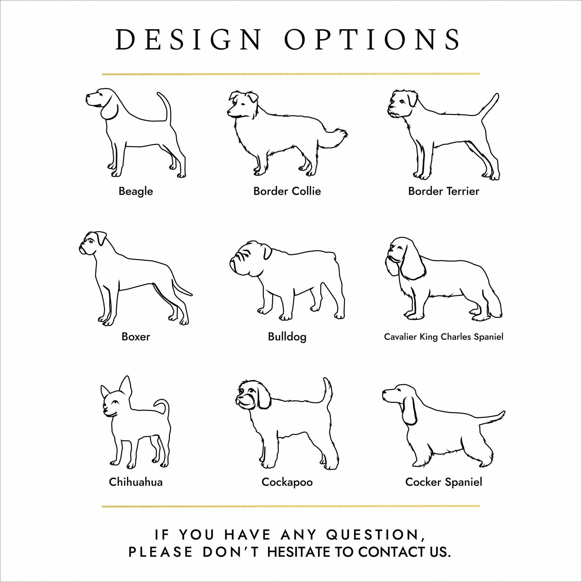 Black text and silhouettes of dog breeds on a white background. These are design options for personalised pet cremation urns. 