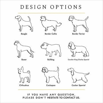 Black text and silhouettes of dog breeds on a white background. These are design options for personalised pet cremation urns. 