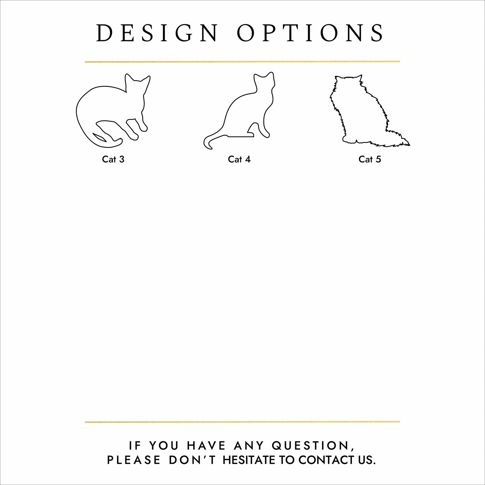 Black text and silhouettes of cats on a white background. These are personalisation options for a cat urn.
