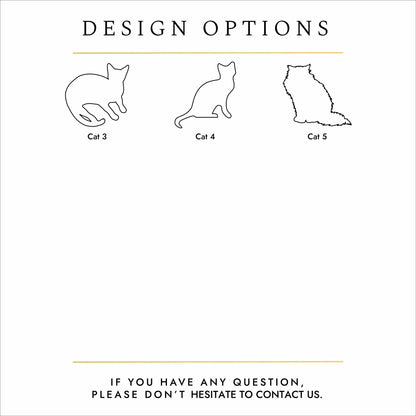 Black text and silhouettes of cats on a white background. These are personalisation options for a cat urn.
