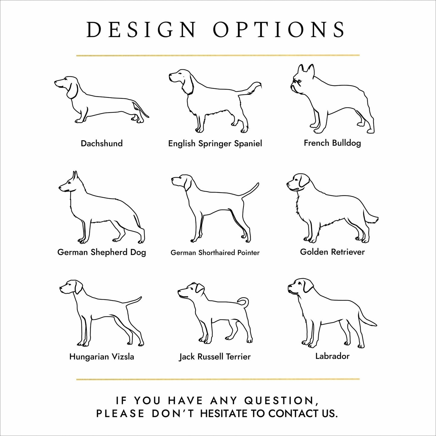 Black text and silhouettes of dog breeds on a white background. These are design options for personalised pet cremation urns. 