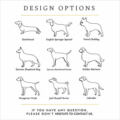 Black text and silhouettes of dog breeds on a white background. These are design options for personalised pet cremation urns. 