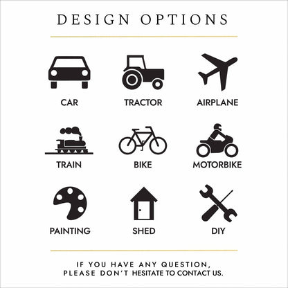 Black text and silhouettes of objects on a white background. The text reads: "design options - if you have any questions please don't hesitate to contact us". The silhouettes show design motif options for personalising cremation urns. The options are: car (front facing), tractor (side view), airplane (from underneath), steam train (side view), pedal bike, motor bike with helmeted rider, artist's paint pallette, shed or crossed screwdriver and spanner (representing a DIY enthusiast).