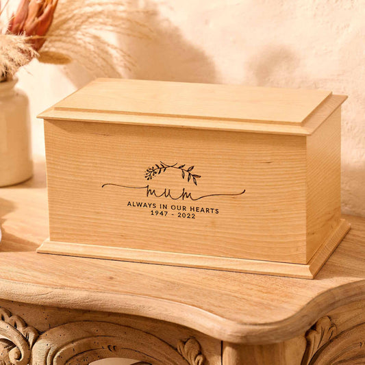 Personalised ash wood cremation urn with laurel wreath engraving – custom engraved wooden urn for ashe