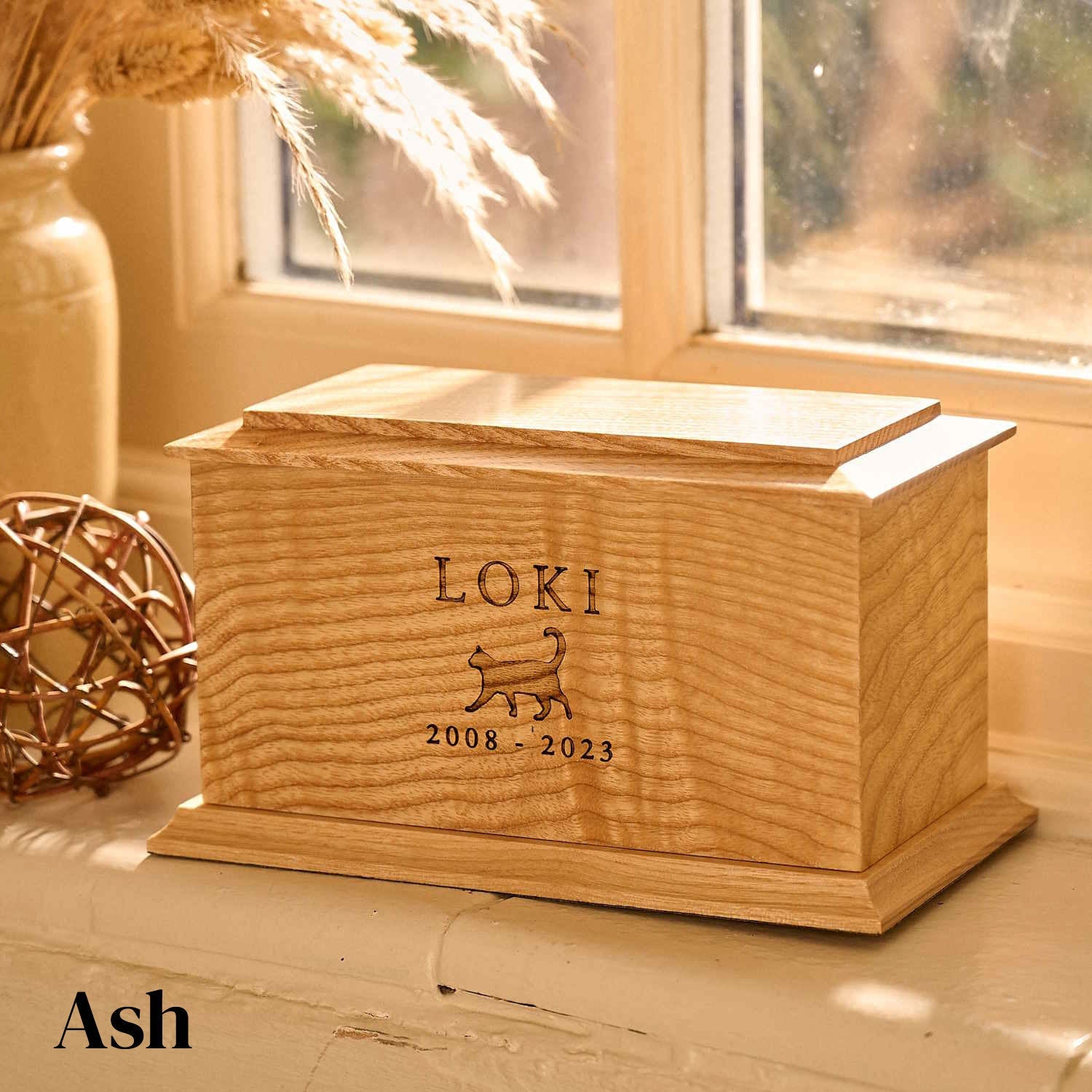 Personalised ash wood pet cremation urn – custom engraved wooden urn for pet ashes