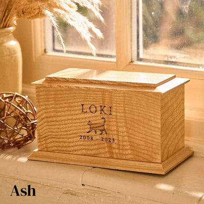 Personalised ash wood pet cremation urn – custom engraved wooden urn for pet ashes