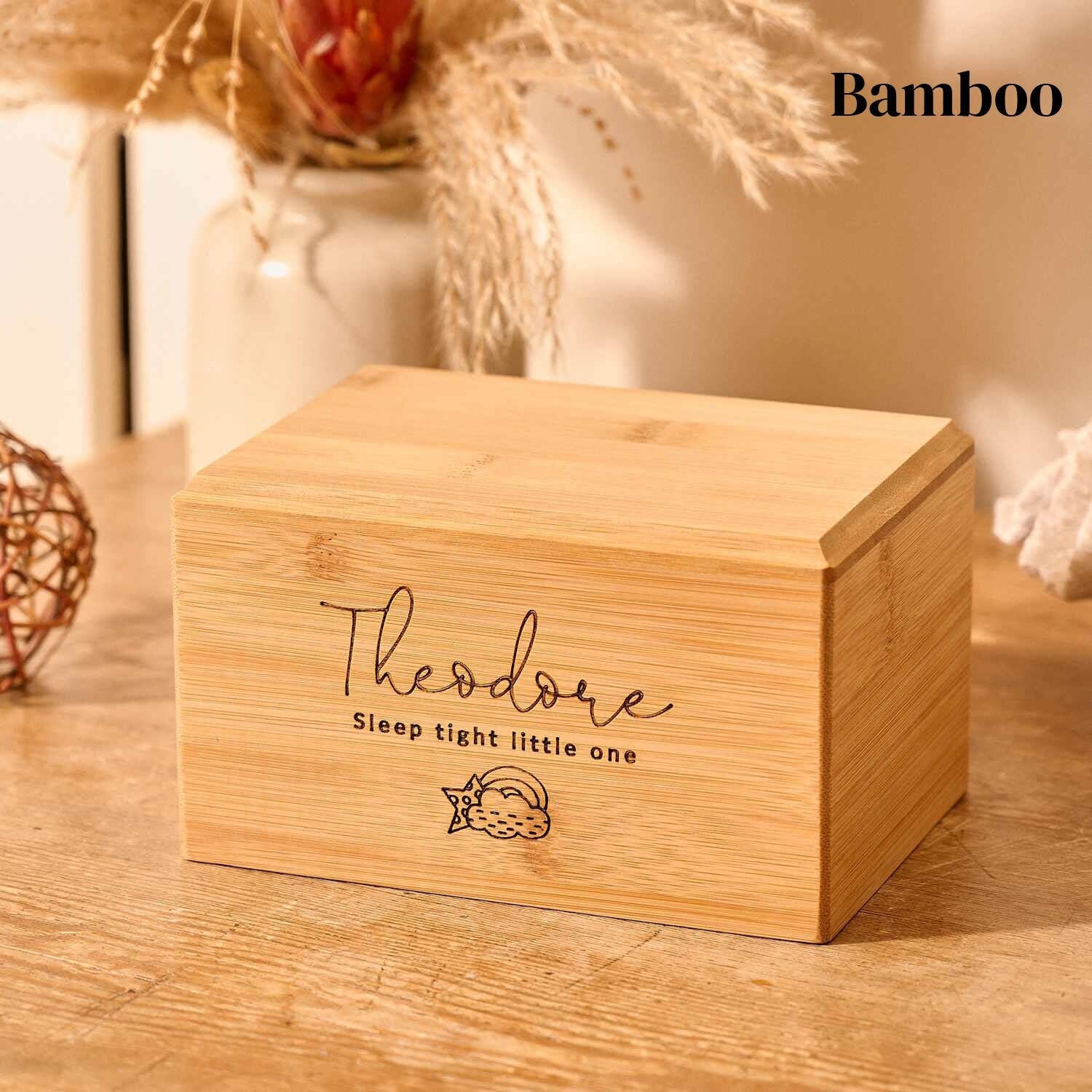A bespoke, bamboo cremation urn for stillborn ashes or infant ashes. 