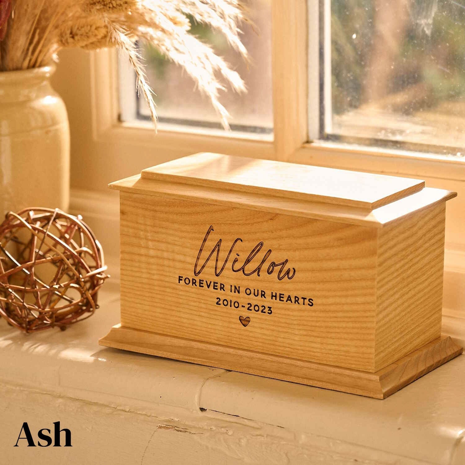 Small personalised pet urn in ash wood – engraved wooden pet ashes keepsake