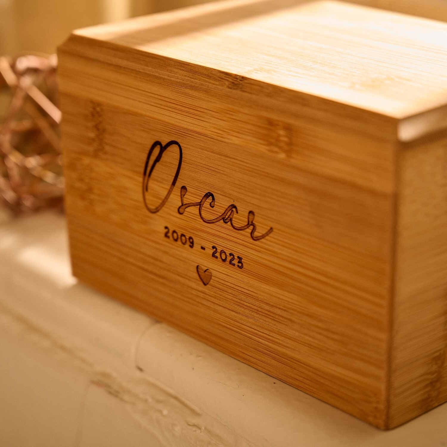 Detailed view of bamboo wood pet urn – personalised engraving on eco-friendly pet ashes keepsake