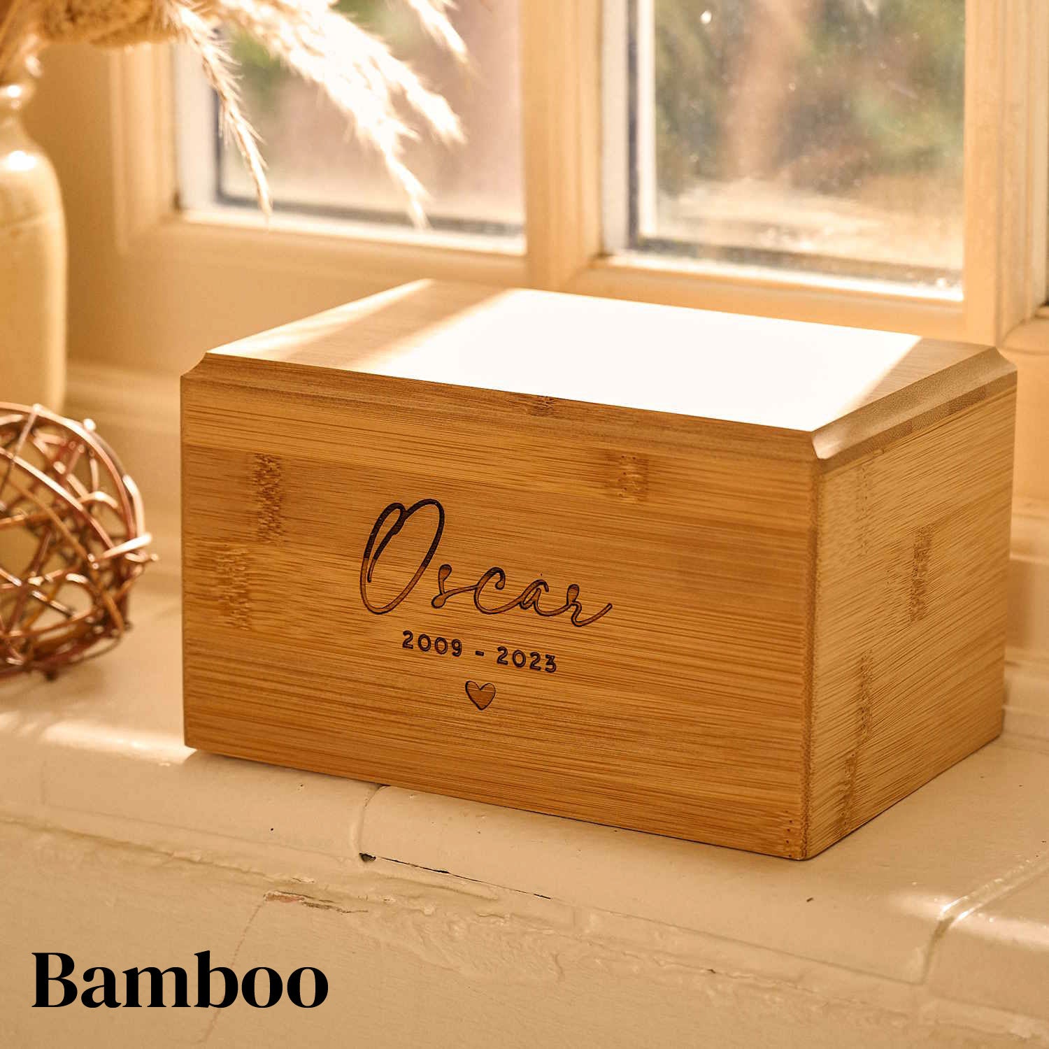 Engraved bamboo wood pet urn – sustainable pet memorial urn for dog or cat ashes