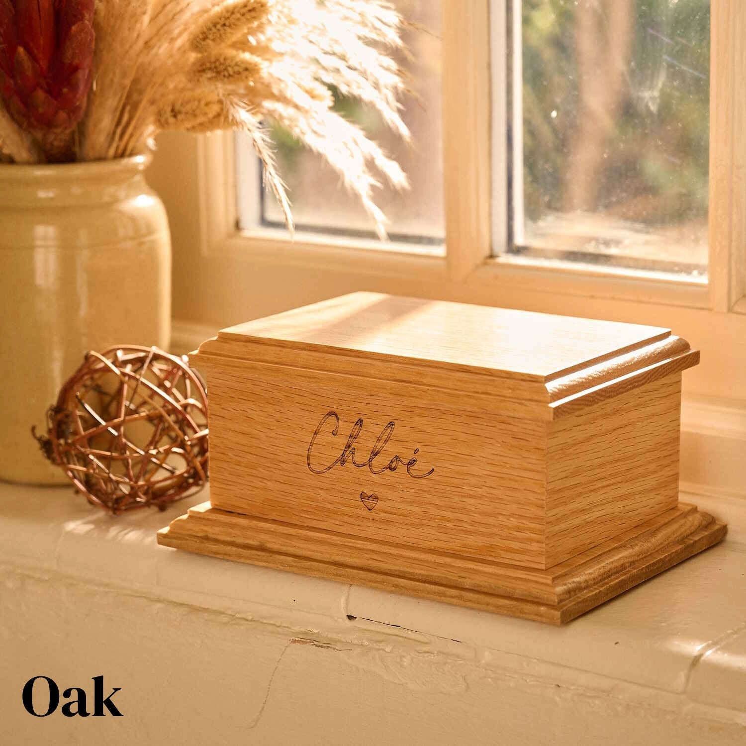 Small personalised pet urn in oak wood – handcrafted wooden ashes keepsake with custom engraving