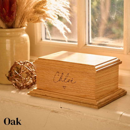 Small personalised pet urn in oak wood – handcrafted wooden ashes keepsake with custom engraving